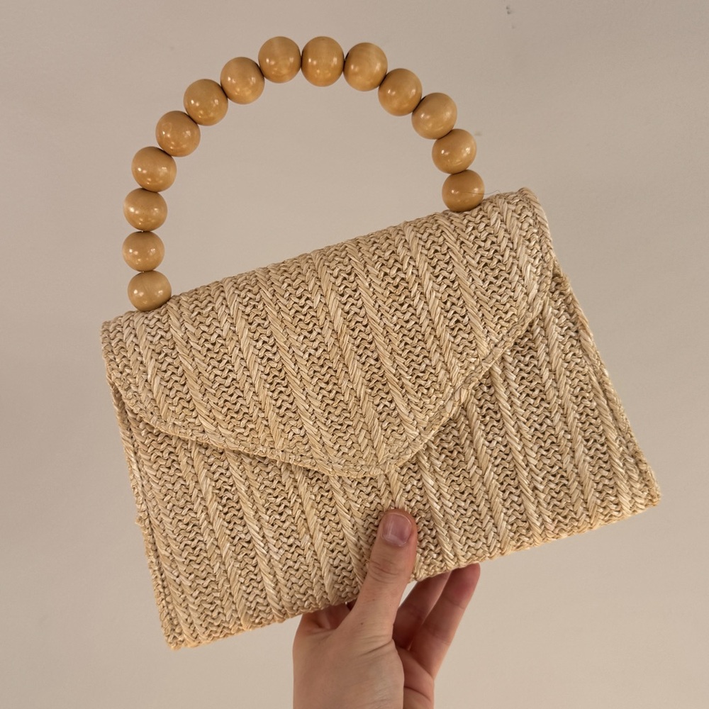 Boho Straw Handbag with Wooden Beaded Handle